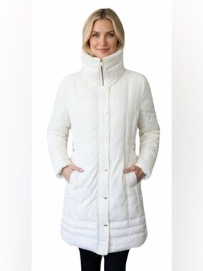 Guess Women's Quilted High-Collar Puffer Down Feather Midi Jacket Ivory
